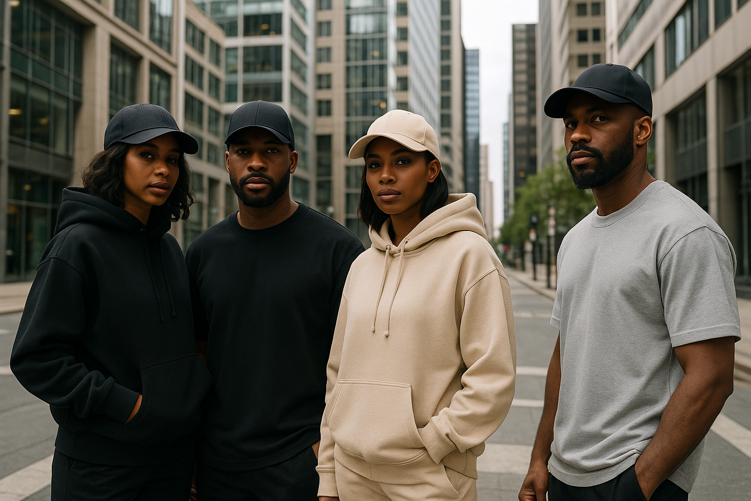 30-something Black professional models dressed in Box tees, oversized hoodies, and hats, in a modern city scene as they showcase high quality streetwear